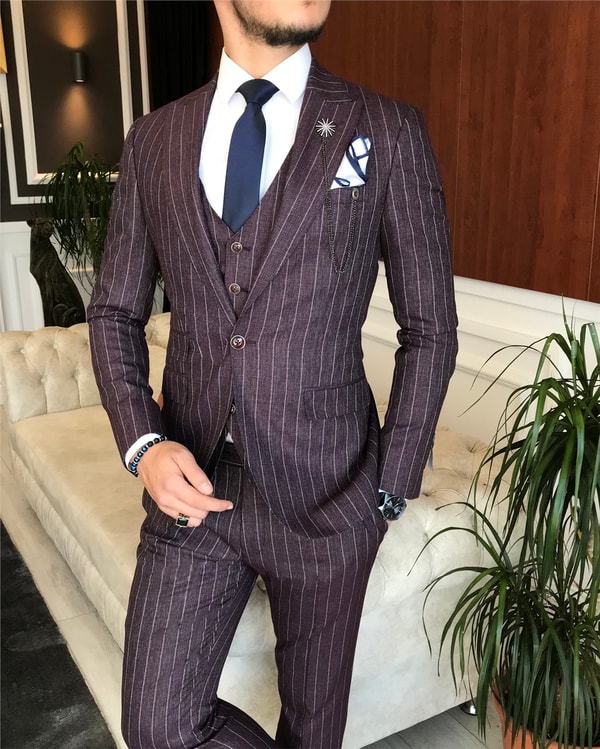 İtalyan stil slim ceket yelek pantolon takım elbise bordo T6231 · 2