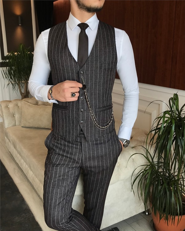 İtalyan stil slim ceket yelek pantolon takım elbise kahverengi T6232 · 2