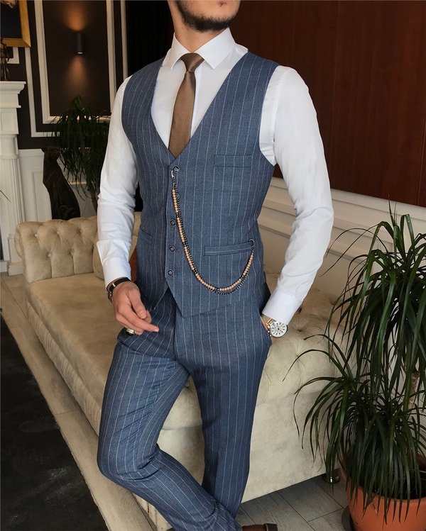 İtalyan stil slim ceket yelek pantolon takım elbise mavi T6234 · 4