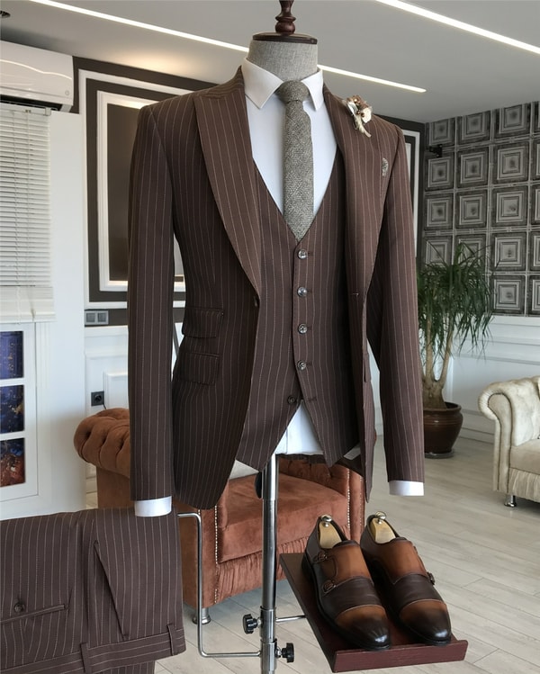 İtalyan stil slim ceket yelek pantolon takım elbise kahverengi T5956 · 6