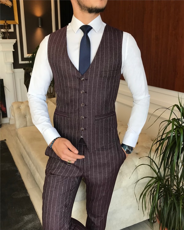 İtalyan stil slim ceket yelek pantolon takım elbise bordo T6231 · 4