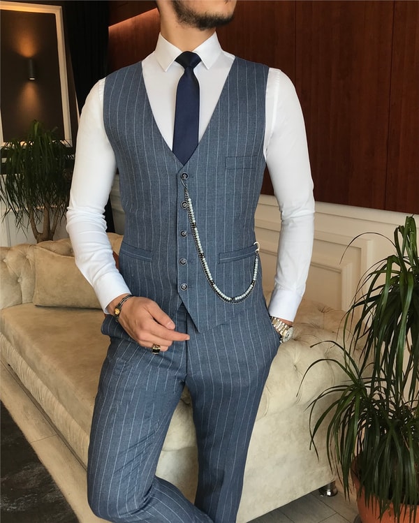 İtalyan stil slim ceket yelek pantolon takım elbise mavi T6234 · 10
