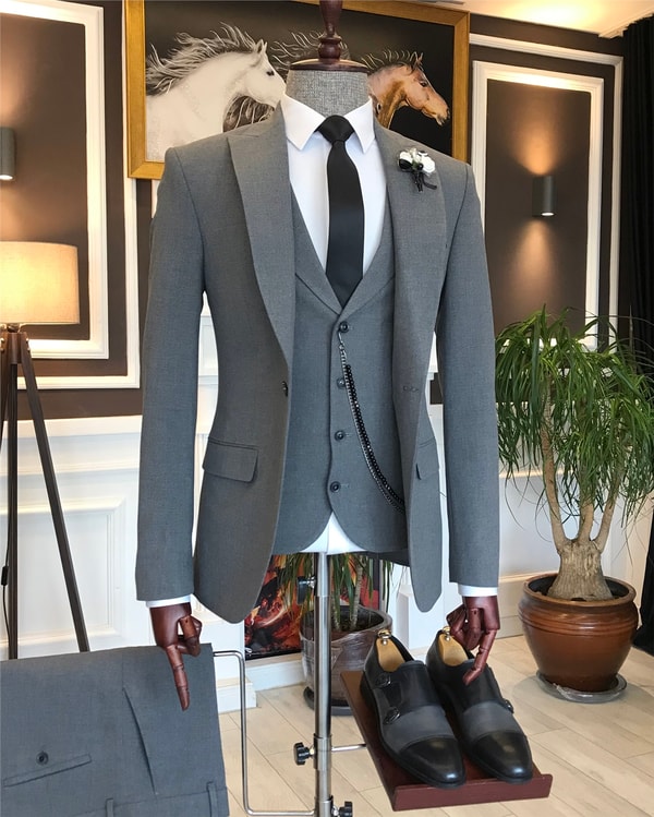 İtalyan stil slim ceket yelek pantolon takım elbise antrasit T6140 · 6