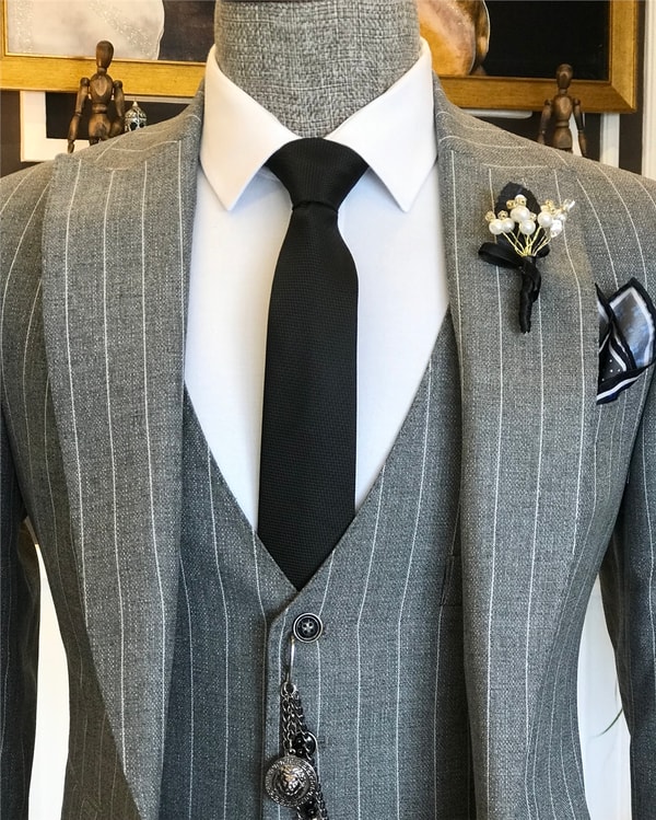 İtalyan stil slim ceket yelek pantolon takım elbise gri T6233 · 2
