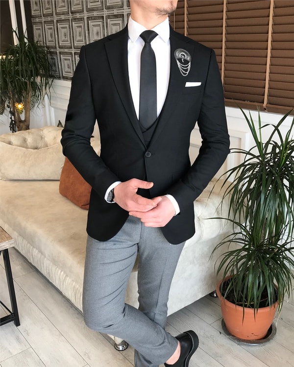 İtalyan stil slim ceket yelek pantolon kombin Siyah T4522 · 6