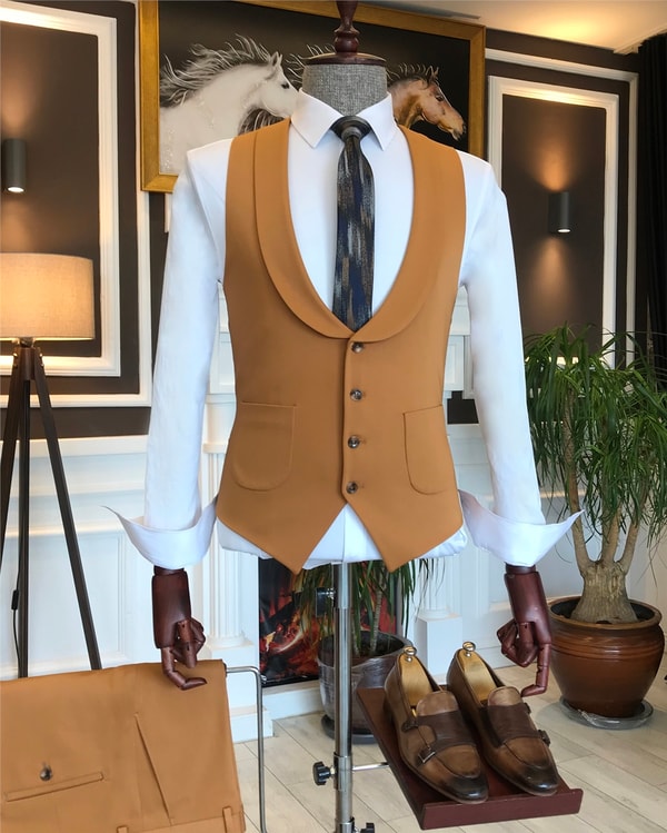 İtalyan stil slim ceket yelek pantolon takım elbise camel T6118 · 3