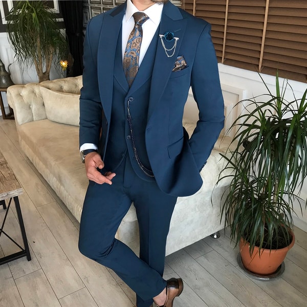 İtalyan stil slim ceket yelek pantolon takım elbise petrol T6125 · 5