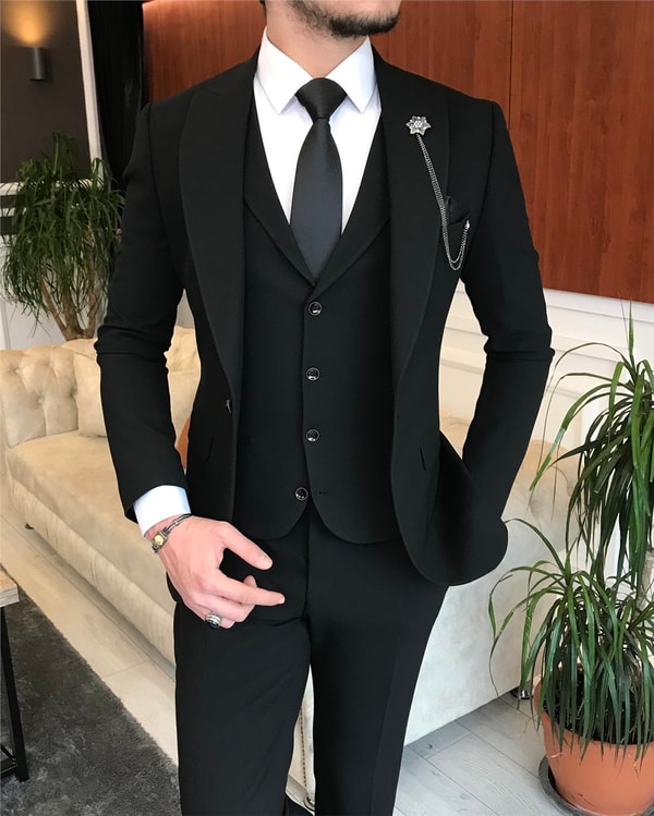 İtalyan stil slim ceket yelek pantolon takım elbise siyah T6121 · 3