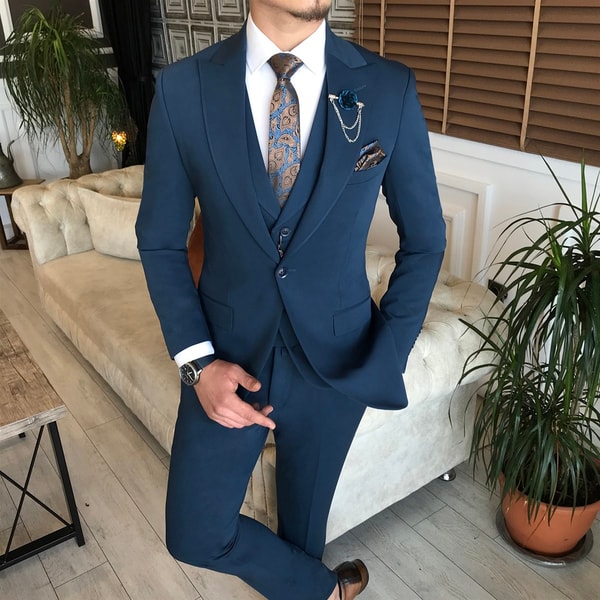 İtalyan stil slim ceket yelek pantolon takım elbise petrol T6125 · 8