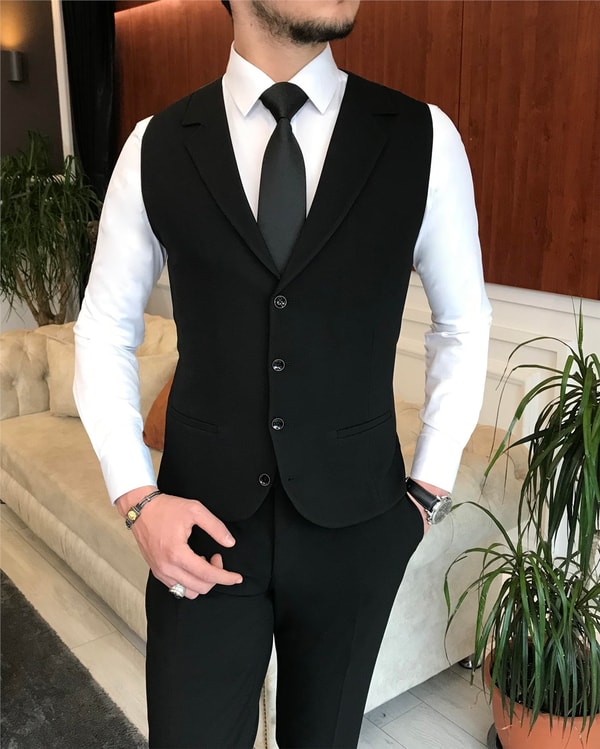 İtalyan stil slim ceket yelek pantolon takım elbise siyah T6121 · 2