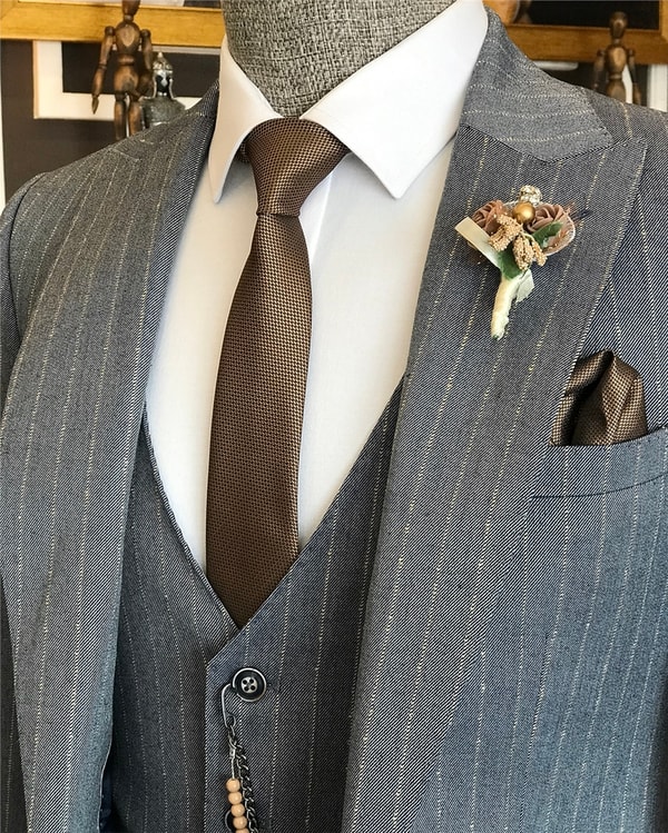 İtalyan stil slim ceket yelek pantolon takım elbise gri T6238 · 7
