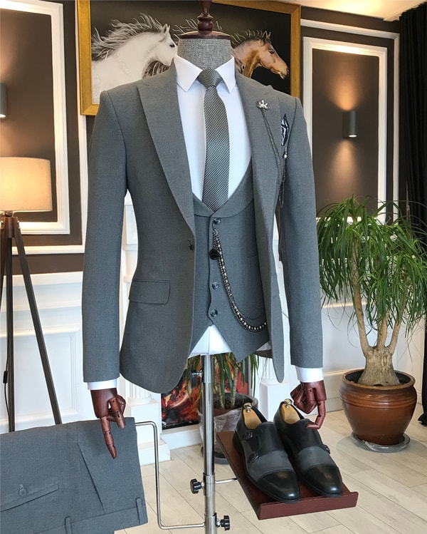 İtalyan stil slim ceket yelek pantolon takım elbise gri T6113 · 4