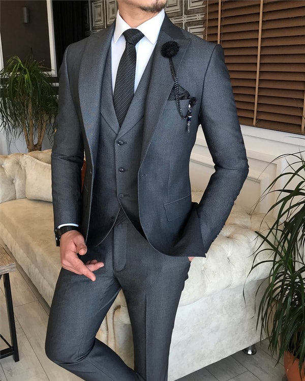 İtalyan stil slim ceket yelek pantolon takım elbise siyah T6127 · 4