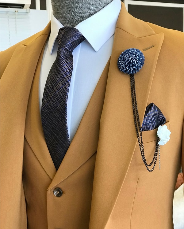 İtalyan stil slim ceket yelek pantolon takım elbise camel T6132 · 2