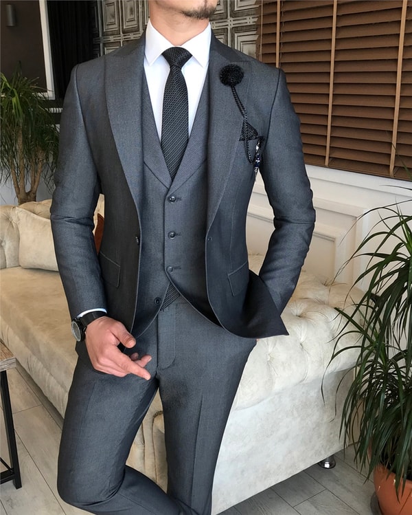 İtalyan stil slim ceket yelek pantolon takım elbise siyah T6127 · 3