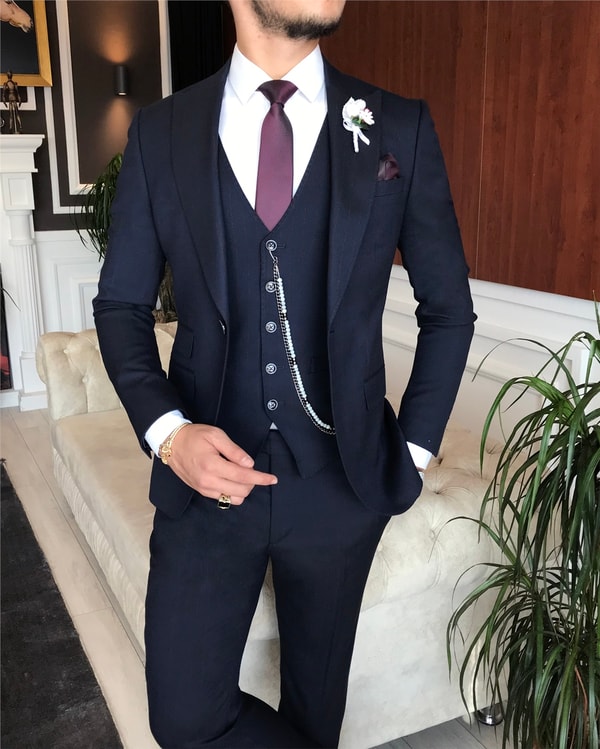 İtalyan stil slim çizgili ceket yelek pantolon takım elbise lacivert T6241 · 3