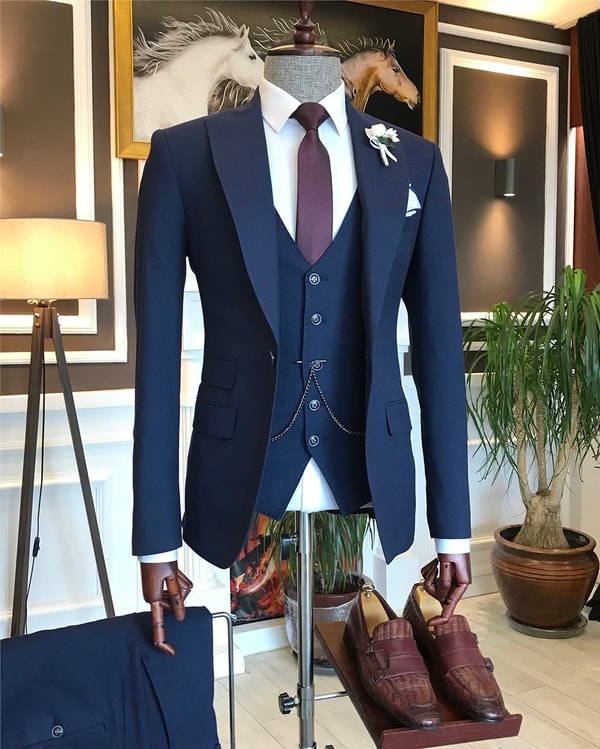 İtalyan stil slim çizgili ceket yelek pantolon takım elbise lacivert T6241 · 6