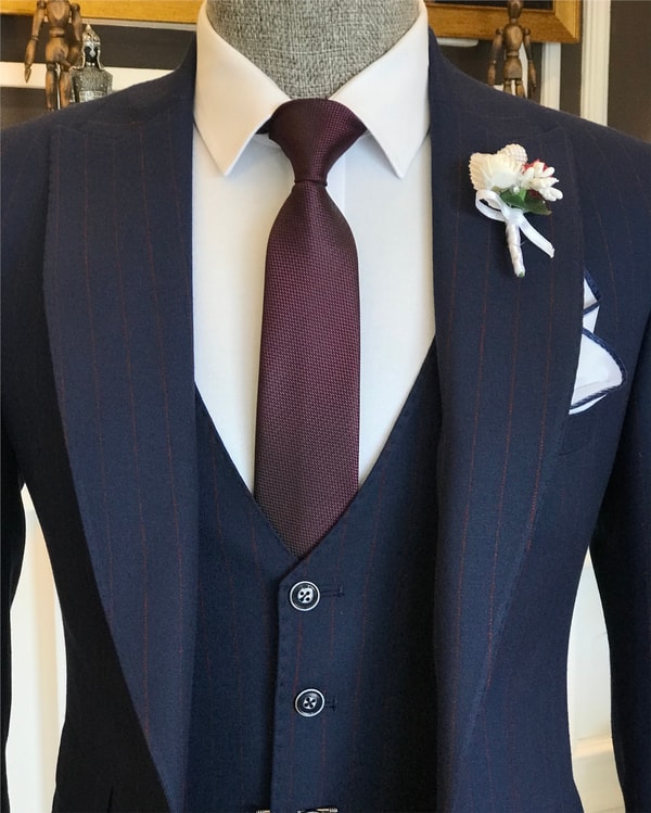 İtalyan stil slim çizgili ceket yelek pantolon takım elbise lacivert T6241 · 7