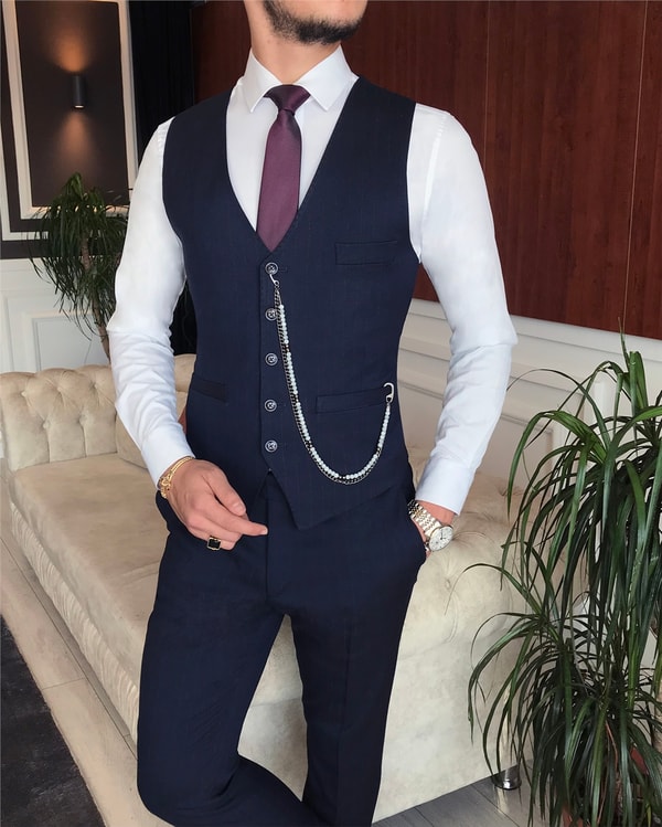 İtalyan stil slim çizgili ceket yelek pantolon takım elbise lacivert T6241 · 4