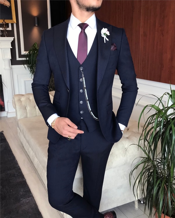 İtalyan stil slim çizgili ceket yelek pantolon takım elbise lacivert T6241 · 2