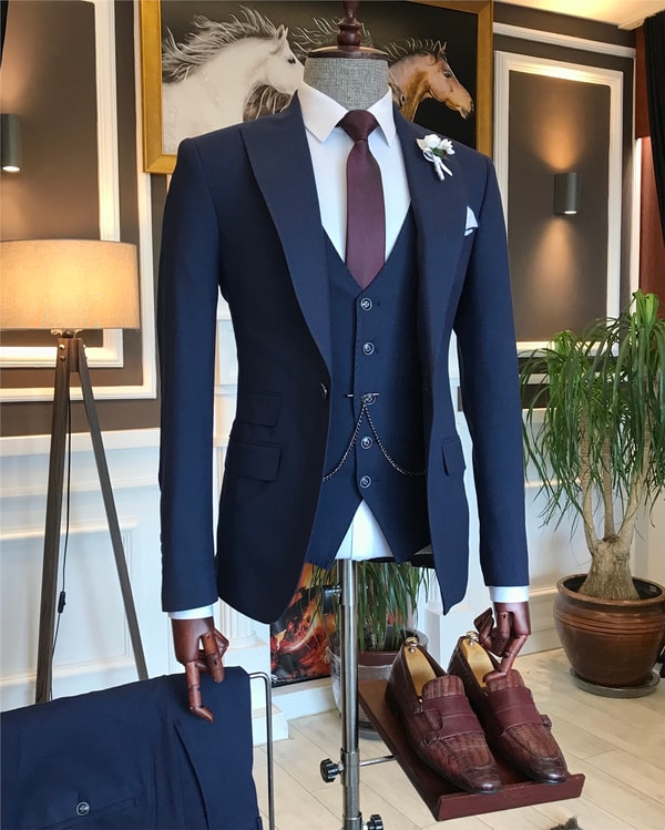 İtalyan stil slim çizgili ceket yelek pantolon takım elbise lacivert T6241 · 5