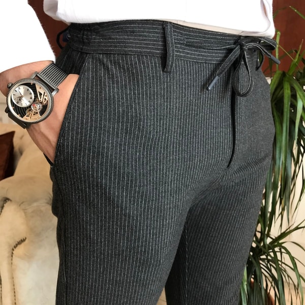 slim fit bağcıklı çizgili  pantalon Antrasit T6171 · 2