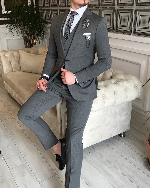 İtalyan stil slim fit ceket yelek pantolon takım elbise Koyu Gri T5273 · 3
