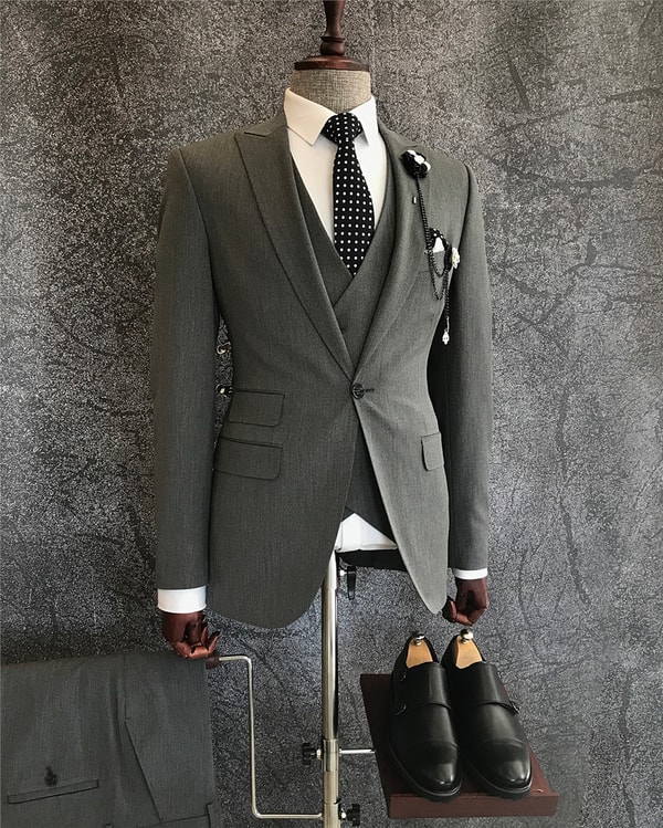 İtalyan stil slim fit ceket yelek pantolon takım elbise Koyu Gri T5273 · 4