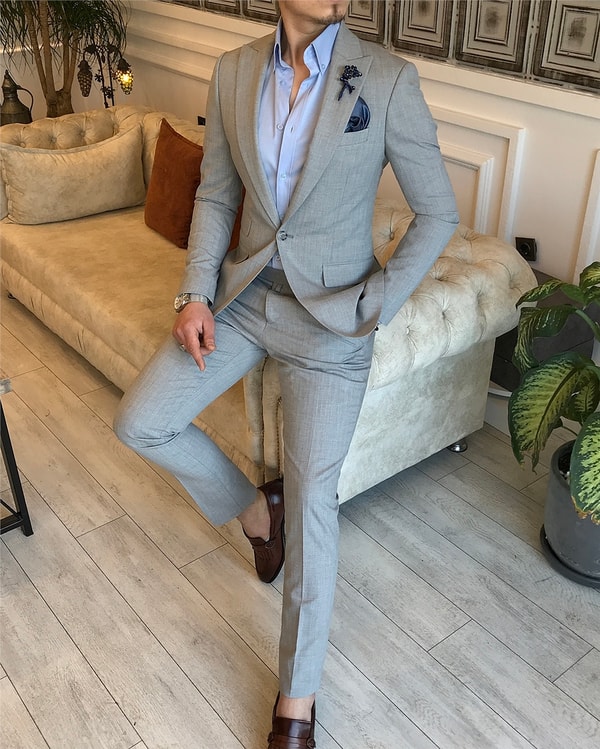 İtalyan stil slim fit çizgili ceket pantolon takım elbise Gri T5338 · 2