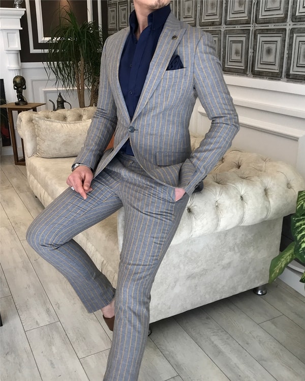 İtalyan stil slim fit çizgili ceket pantolon takım elbise Gri T5337 · 5