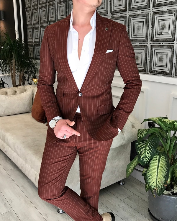 İtalyan stil slim fit çizgili ceket pantolon takım elbise Kiremit T5339 · 2