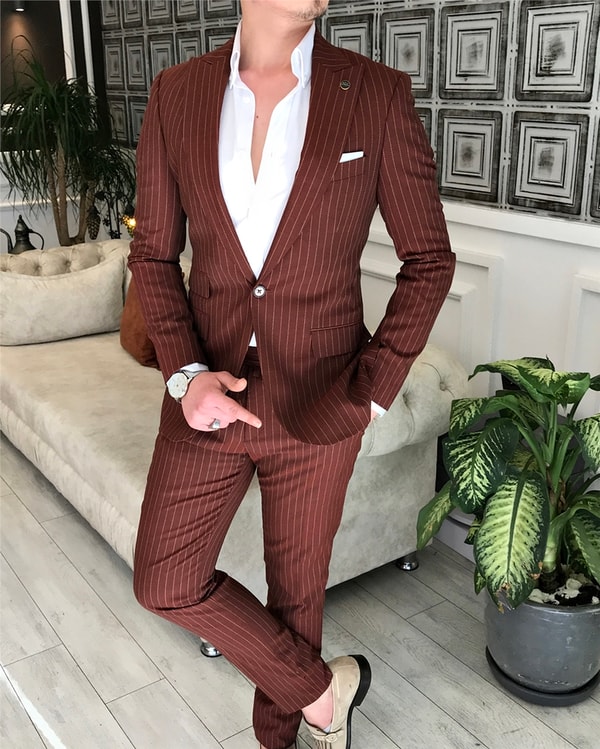 İtalyan stil slim fit çizgili ceket pantolon takım elbise Kiremit T5339 · 3