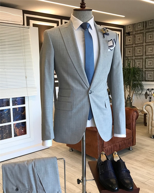 İtalyan stil slim fit çizgili ceket pantolon takım elbise Gri T5338 · 5