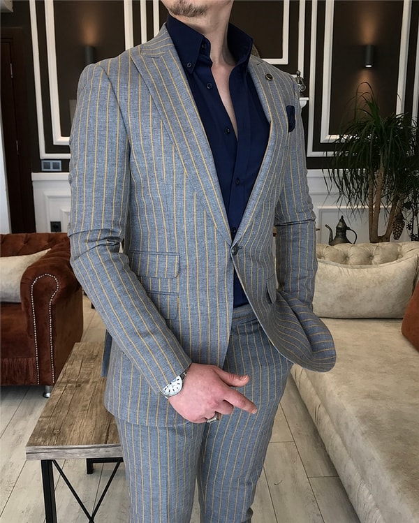 İtalyan stil slim fit çizgili ceket pantolon takım elbise Gri T5337 · 4