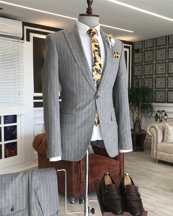 İtalyan stil slim fit çizgili ceket pantolon takım elbise Gri T5337 · 6