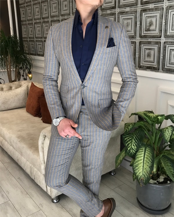İtalyan stil slim fit çizgili ceket pantolon takım elbise Gri T5337 · 3