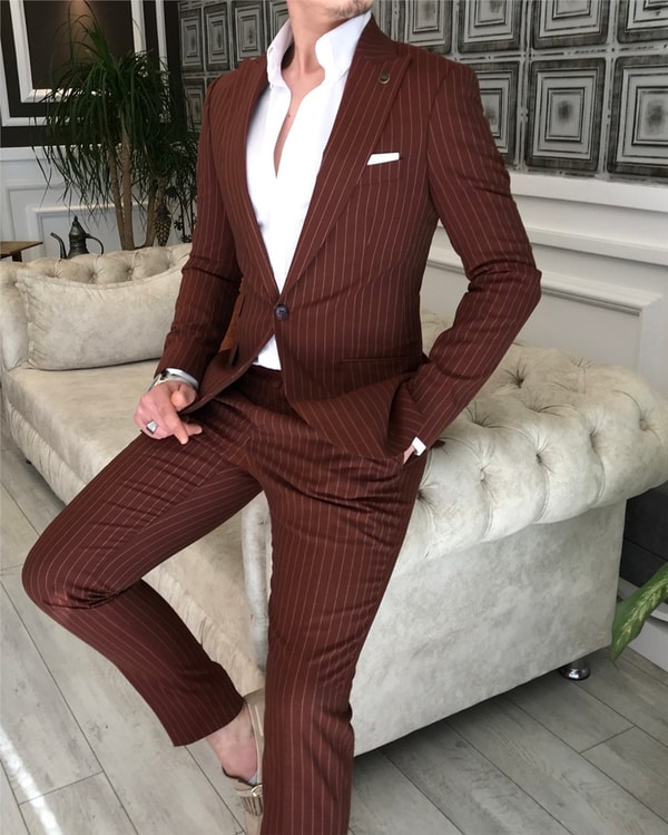 İtalyan stil slim fit çizgili ceket pantolon takım elbise Kiremit T5339 · 5