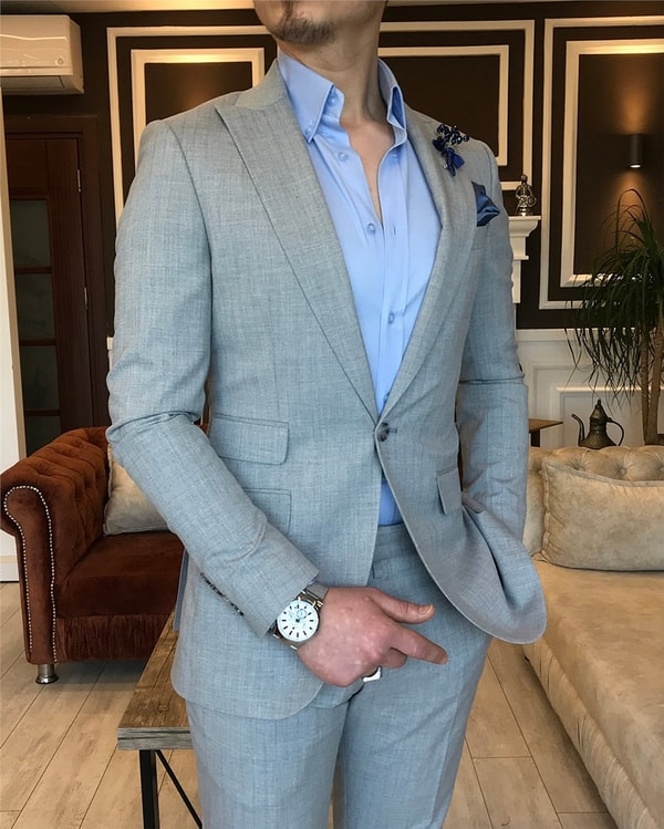 İtalyan stil slim fit çizgili ceket pantolon takım elbise Gri T5338 · 3