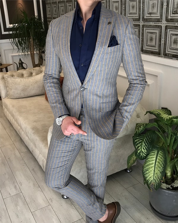 İtalyan stil slim fit çizgili ceket pantolon takım elbise Gri T5337 · 2