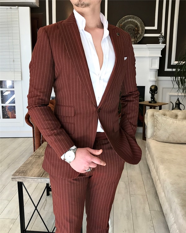 İtalyan stil slim fit çizgili ceket pantolon takım elbise Kiremit T5339 · 4