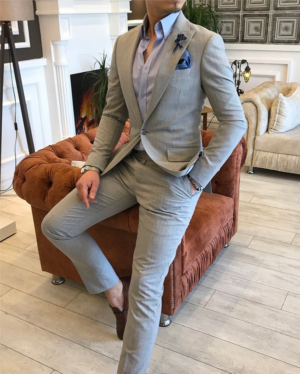 İtalyan stil slim fit çizgili ceket pantolon takım elbise Gri T5338 · 4