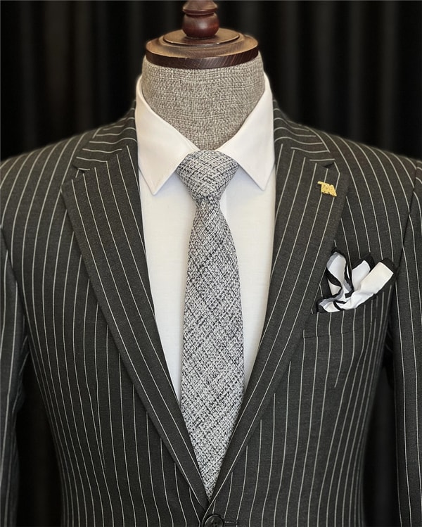 İtalyan stil slim fit çizgili erkek ceket pantolon takım elbise Koyu Gri T4898 · 3