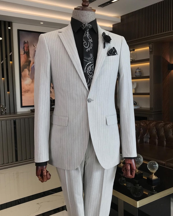 İtalyan stil slim fit çizgili erkek ceket pantolon takım elbise Gri T5318 · 3