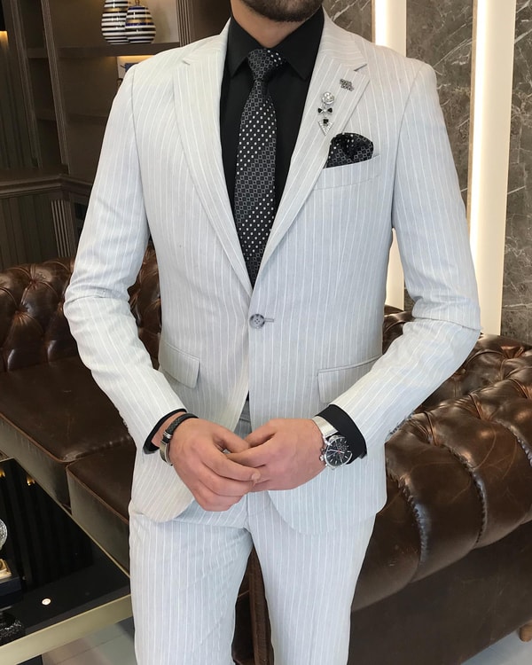 İtalyan stil slim fit çizgili erkek ceket pantolon takım elbise Gri T5318 · 2