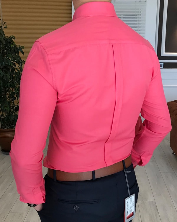 italyan stil slim fit dik yaka saten erkek gömlek Pembe T4746 · 3