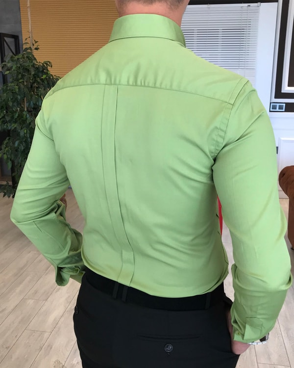 italyan stil slim fit dik yaka saten  erkek açık yeşil gömlek T4114 · 2