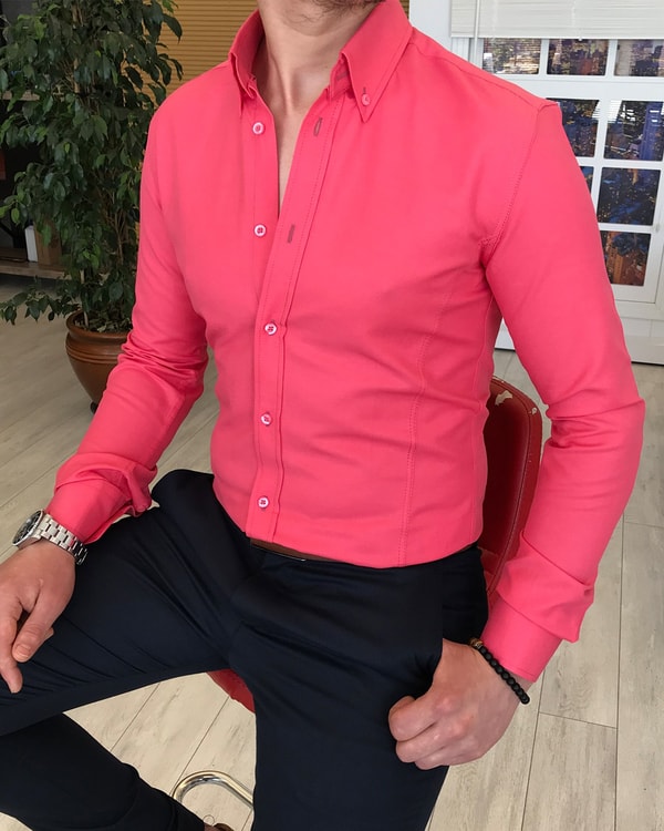 italyan stil slim fit dik yaka saten erkek gömlek Pembe T4746 · 2