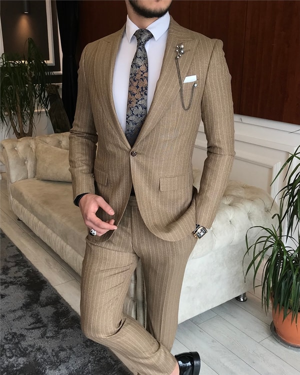 İtalyan stil slim fit erkek ceket pantolon takım elbise camel T6481 · 4