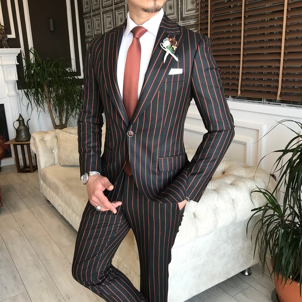 İtalyan stil slim fit erkek ceket pantolon takım elbise siyah T6087 · 9