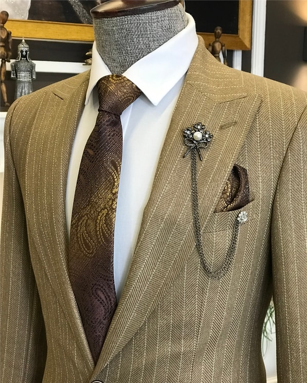 İtalyan stil slim fit erkek ceket pantolon takım elbise camel T6481 · 7